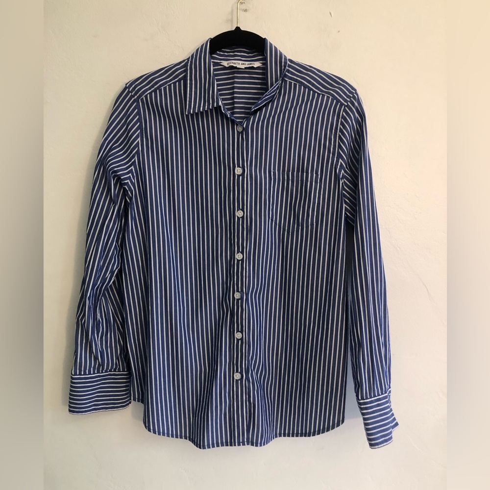 Elizabeth and James Blue & White Striped Long Sleeved Button-Down, Women's S